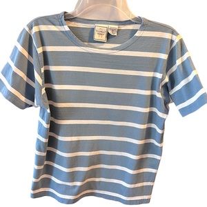 Steel Blue and Off White Stripe Short Sleeve Top by Boundary Waters.  Size=Small